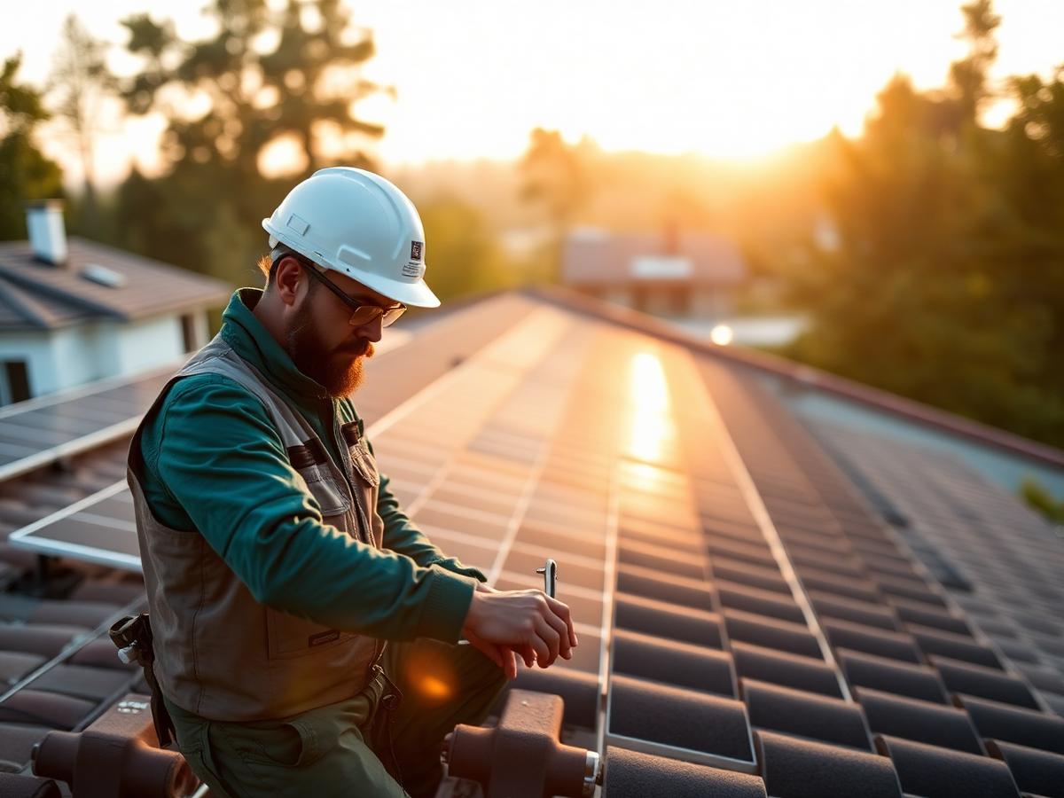 Technician installing rooftop solar panels at sunrise